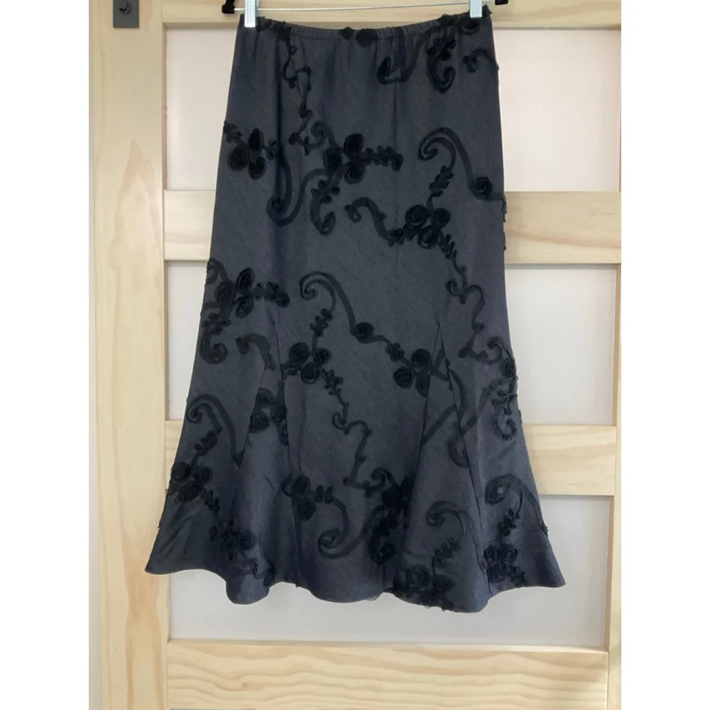 Lena Gabrielle Black Gray Floral Burnout Midi Skirt Size 10 Lined Elegant Y2K